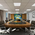Modern Meeting Room With Round Conference Table Black Leather Chairs Bright Windows And Calligraphy Paintings