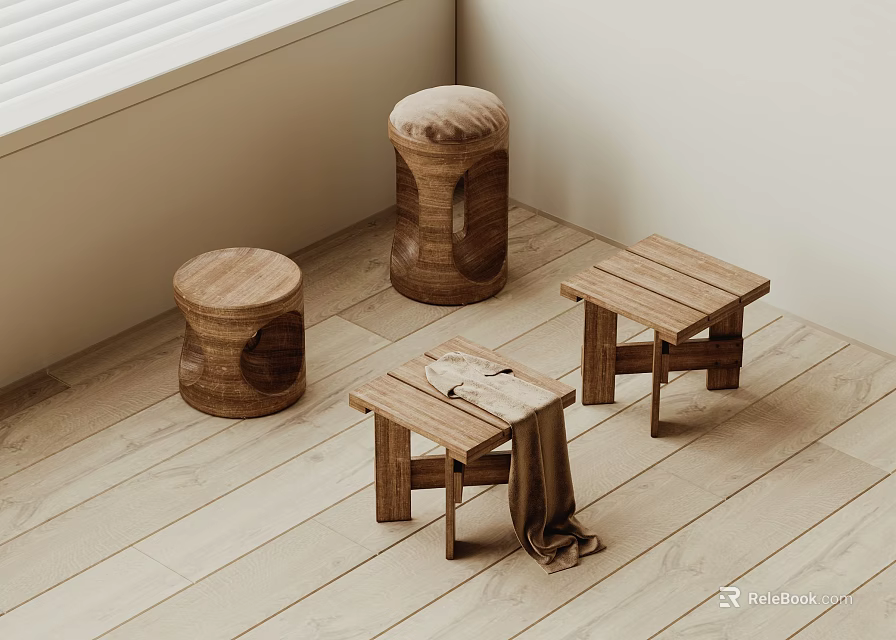 Wooden Stools Round And Square On Wooden Floor Near Window Modern Minimalist Design 3d model 