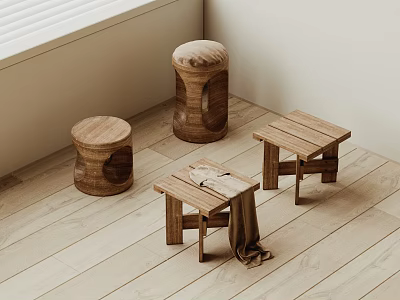 Wooden Stools Round And Square On Wooden Floor Near Window Modern Minimalist Design 3d model