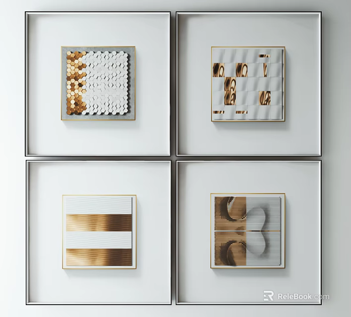 Modern Abstract Wall Art Decorative Paintings With Gold White Frames And Geometric Patterns 3d model