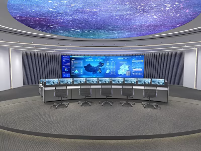 High Tech Monitoring Control Room Interior With Digital Screens Console Desks And Ergonomic Chairs 3d model