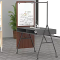 Modern Office Desk With Whiteboard Panel Potted Plant Mobile Wheels And Office Supplies