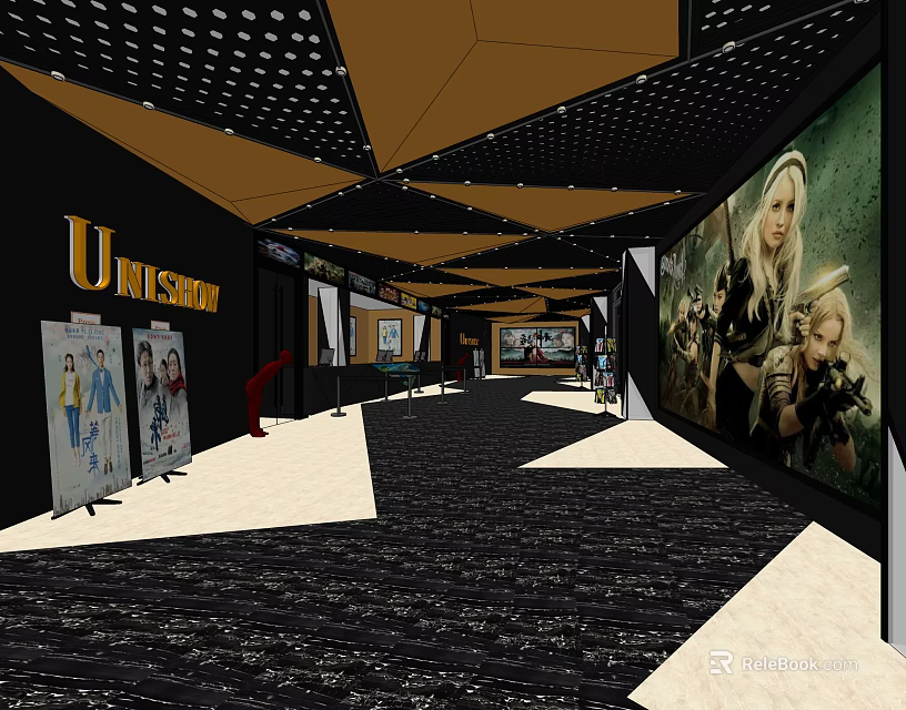 Modern Cinema Interior Corridor With Wall Posters Ceiling Design And Carpet 3d model