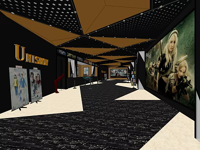 Modern Cinema Interior Corridor With Wall Posters Ceiling Design And Carpet 3d model