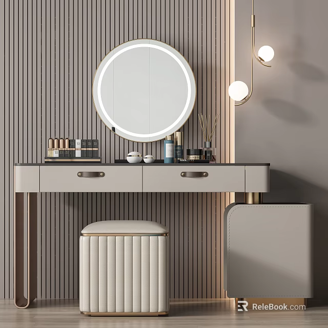 Modern Dressing Table With Lighted Round Mirror Stripe Wall Cosmetics Storage And Vanity Stool 3d model 