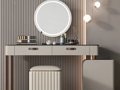 Modern Dressing Table With Lighted Round Mirror Stripe Wall Cosmetics Storage And Vanity Stool 3d model