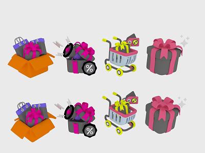 E-commerce Elements With Shopping Cart Decorative Gift Boxes And Discount Signs 3d model