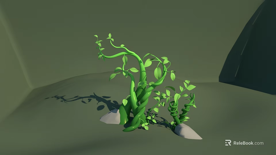 Green Vines With Fresh Leaves Growing Around Stones Casting Shadows On Green Background 3d model 
