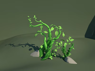 Green Vines With Fresh Leaves Growing Around Stones Casting Shadows On Green Background 3d model