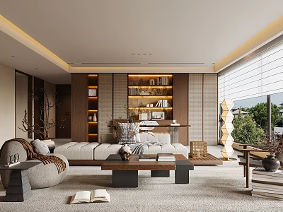 Modern Living Room Interior With Cozy Sofa Built in Bookshelves and Large Windows 3d model