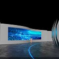 Modern Room With Large Curved Screen Showing Blue City Night View And Vertical Illuminated Panels