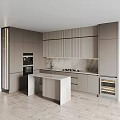 Modern Kitchen Interior With Gray Striped Cabinets Marble Island And Built In Appliances