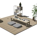 Minimalist Tea Table with Gray Poufs on Wooden Floor and Green Plants