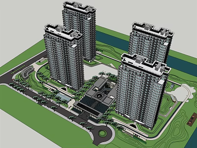 Residential Complex Layout With High Rise Buildings Green Spaces Roads And Central Facilities 3d model