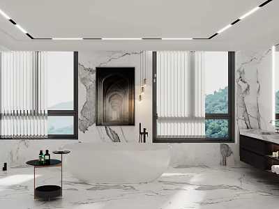 Modern Bathroom Interior Design With Marble Walls Freestanding Bathtub Vanity Counter And Recessed Lighting 3d model