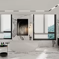 Modern Bathroom Interior Design With Marble Walls Freestanding Bathtub Vanity Counter And Recessed Lighting