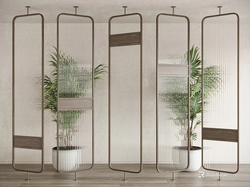 Modern Room Dividers With Metal Frame Glass Panels Wooden Accents And Indoor Plants 3d model 