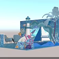 Ocean Themed Decorative Scene With Lighthouse Whale Seashell Lifebuoy And Blue Water