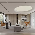 Modern Home Office Interior With Bookshelves TV Sofa Desk And Floor to Ceiling Windows