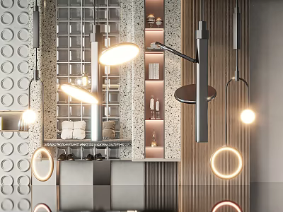 Elegant Modern Interior Space With Stylish Pendant Lights And Decorative Wall Design Shelves 3d model