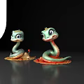 Two Green Snake Figurine Decorative Ornament Set With Colorful Base And Red Accents