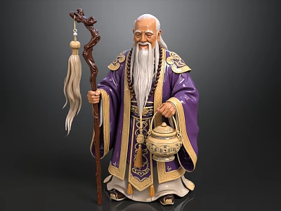 Man In Traditional Purple Robe With Long White Beard Holding Wooden Staff And Lantern 3d model