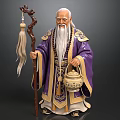 Man In Traditional Purple Robe With Long White Beard Holding Wooden Staff And Lantern