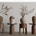 Four Ceramic Vases With Decorative Branches On Wooden Stools Indoor 3d model