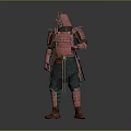 Man Wearing Traditional Red Samurai Armor With Helmet And Green Pants