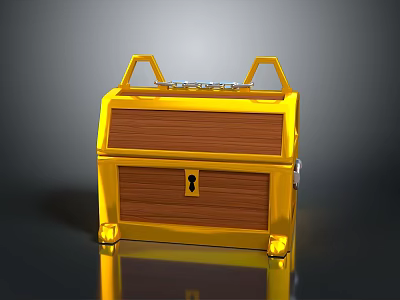 Yellow Treasure Chest With Wooden Panels Metal Lock And Casters 3d model