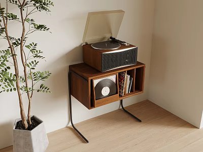 Wooden Side Table with Metal Legs Holding Record Player and Storage with Vinyl and Books 3d model