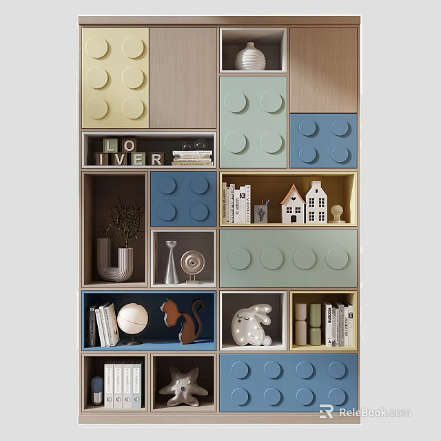 Creative Lego Style Storage Unit with Colorful Cubes Books Miniature Houses Globe and Decorative Items 3d model 