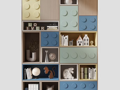 Creative Lego Style Storage Unit with Colorful Cubes Books Miniature Houses Globe and Decorative Items 3d model