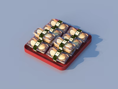 Multiple Pastries In Transparent Plastic Packaging With Green Labels Arranged In Red Tray 3d model
