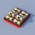 Multiple Pastries In Transparent Plastic Packaging With Green Labels Arranged In Red Tray