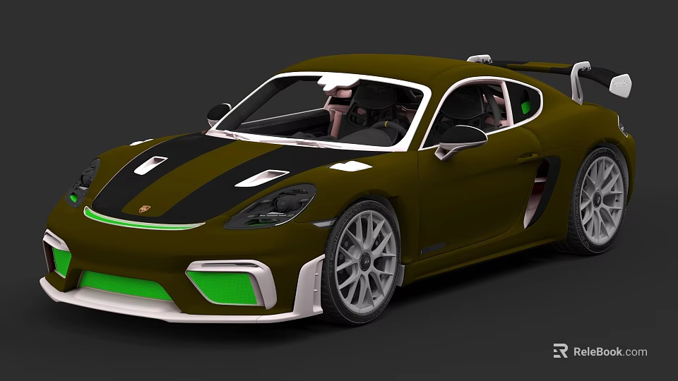 Olive Green Sports Car With Black Stripes Green Front Accents Silver Wheels And Rear Spoiler 3d model 