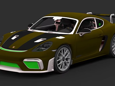 Olive Green Sports Car With Black Stripes Green Front Accents Silver Wheels And Rear Spoiler 3d model