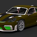 Olive Green Sports Car With Black Stripes Green Front Accents Silver Wheels And Rear Spoiler