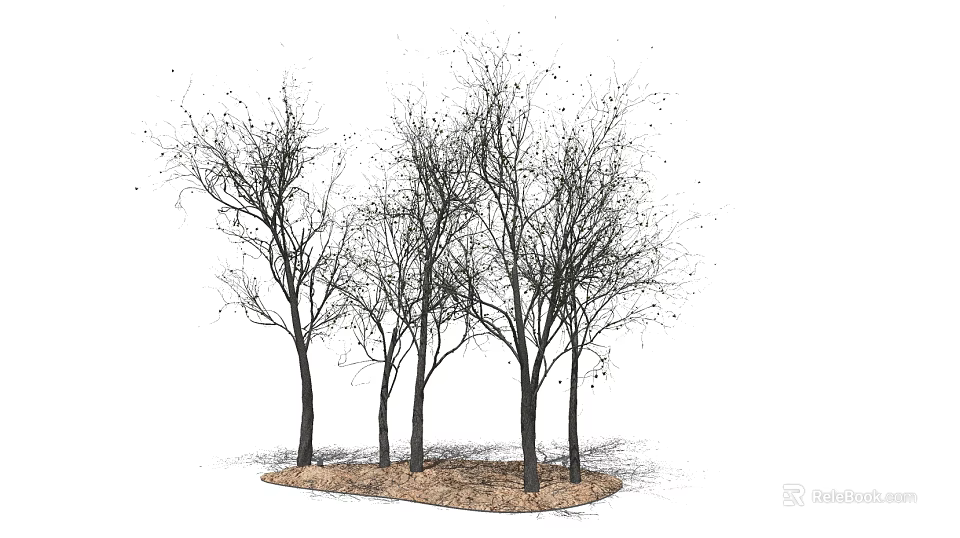 Group of Leafless Trees With Bare Trunks And Ground Mulch In Landscape 3d model 