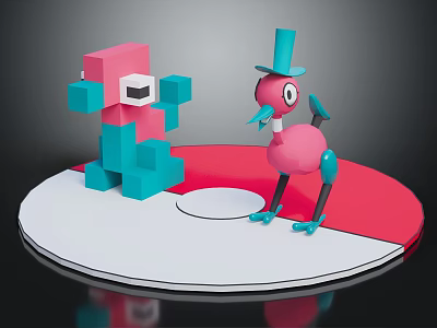 Pink Blue Block Characters And Top Hat Bird Creature On Red White Round Platform 3d model