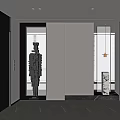 Modern Elevator Hallway With White Walls Gray Flooring And Sculpture Decor