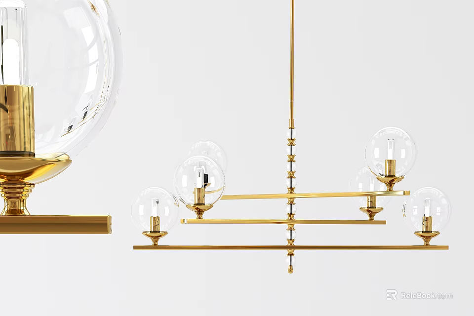 Modern Linear Chandelier With Brass Frame And Glass Globe Lights 3d model 