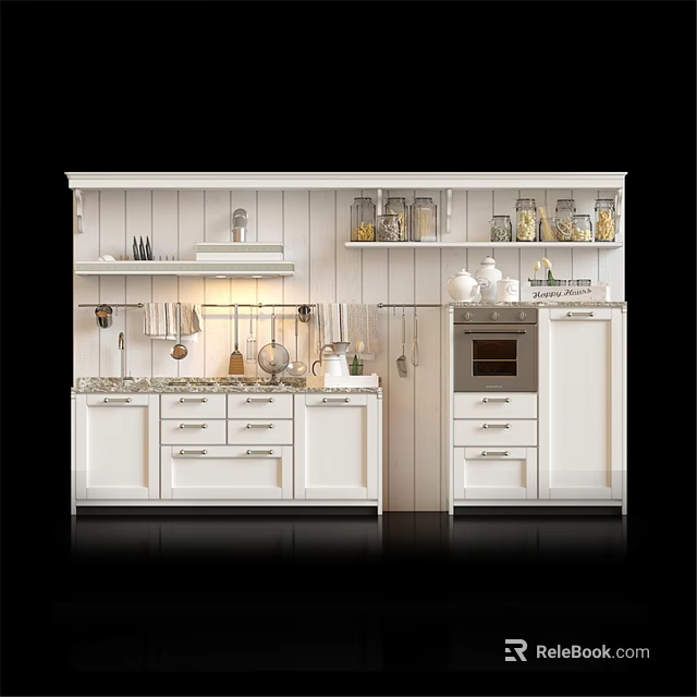 White Modern Kitchen Interior With Cabinets Drawers Jars Counter And Appliances 3d model 