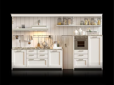 White Modern Kitchen Interior With Cabinets Drawers Jars Counter And Appliances 3d model