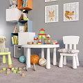 Kids Table with Building Blocks Balls Chairs Stuffed Toys and Animal Wall Art