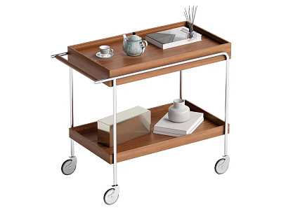 Modern Two Tier Wooden Serving Cart With Metal Frame Wheels Teapot And Books 3d model