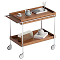Modern Two Tier Wooden Serving Cart With Metal Frame Wheels Teapot And Books
