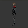 3D Armored Character Model in Red Black Metallic Armor with Arms Outstretched on Gray Background