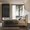 Modern Double Bed With Leather Headboard And Nightstand Lamp Near Large Window White Curtains
