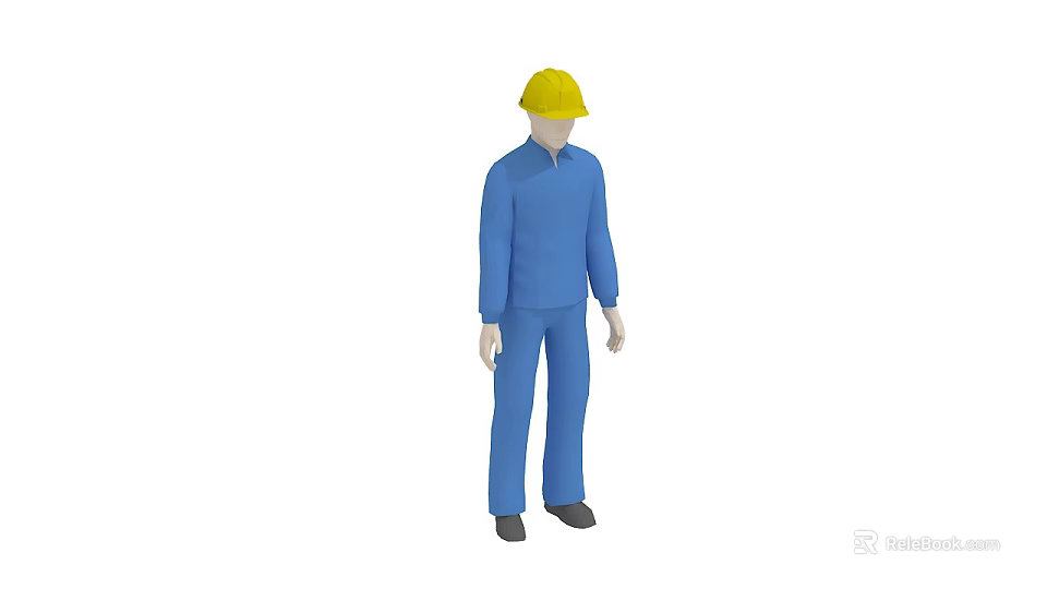 Man Wearing Blue Work Uniform And Yellow Hard Hat Standing Against White Background 3d model 